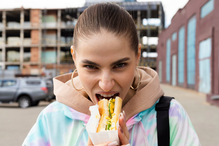 Young Slim brunette girl eating fast food hotdog or burger outdoor on the street.