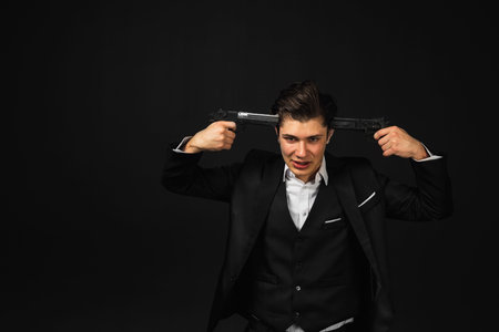 Crazy, insane Young mafia member with a slicked back hair, in black suit, cigar behind the ear,...