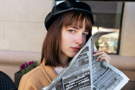 A lovely young brunette with a bob haircut, wearing a beret and a beige classic coat, is sitting on a cafe terrace, reading a newspaper.の写真素材