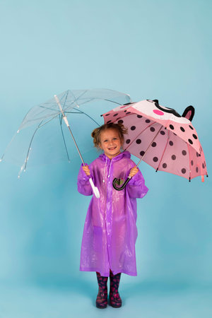Charming little girl in a purple raincoat and Rubber boots holds two umbrellas. A child dressed for a rainy weather. Isolated on blue background.の写真素材