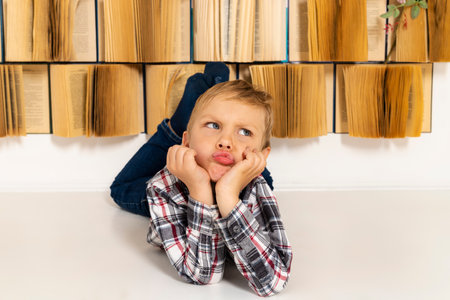 Little boy posing against the wall of books. Schoolboy over the stacks of many books.の写真素材