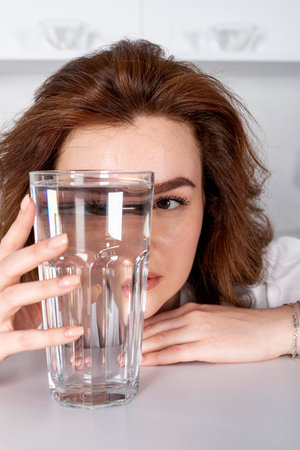 A girl is looking through a glass of water, visually distorting her face. emonstrating product...