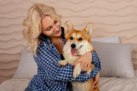 Attractive blonde hair girl and a Welsh corgi Pembroke dog are lying on the bed together.の写真素材