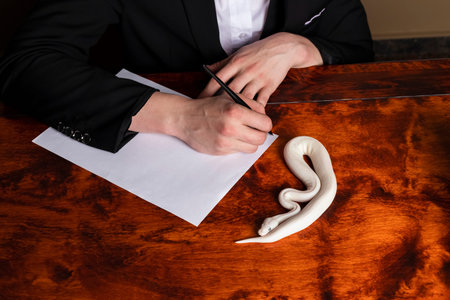 Stylish blonde haired young man and a Leucistic Ball Python. Pure white snake crawling on a...