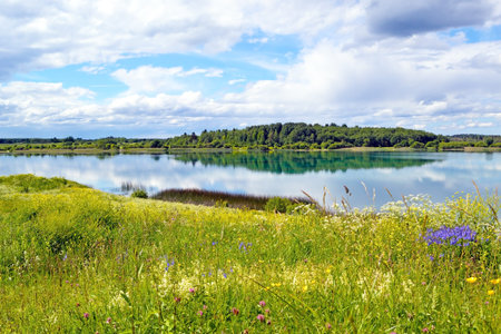 Landscape which shows the blue lake with grass and sky with clouds and forestの写真素材