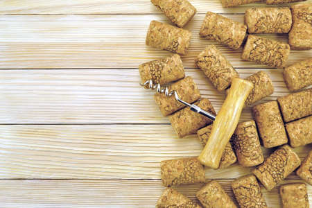Corks for wine on the background of wooden planksの写真素材
