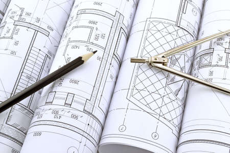 Image of several drawings for the project engineer jobsの写真素材
