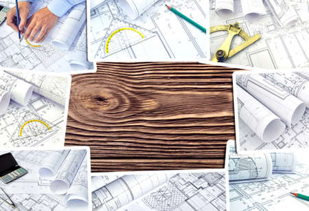 Collage of photos of drawings for the project engineering workの写真素材