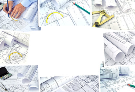 Collage of photos of drawings for the project engineering work