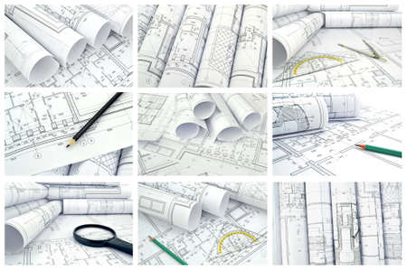 Collage of photos of drawings for the project engineering workの写真素材