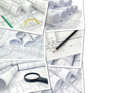 Collage of photos of drawings for the project engineering workの写真素材