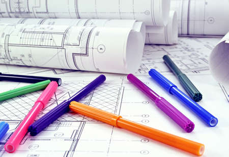 Photos of colored markers on project drawingsの写真素材