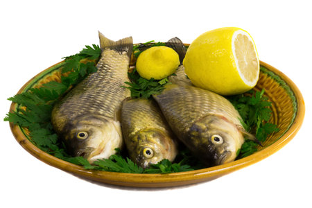 Fresh water fish - carp. Located on ceramic brown the dish with lemon and greens