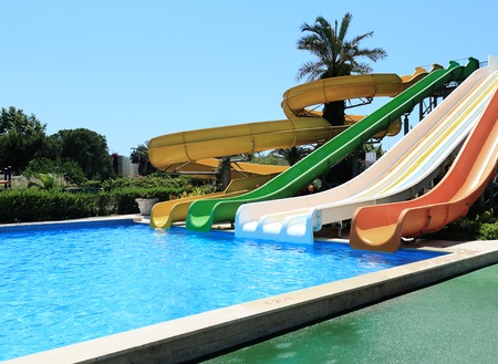 Comfortable swimming pool with water attractions at the resort のeditorial素材