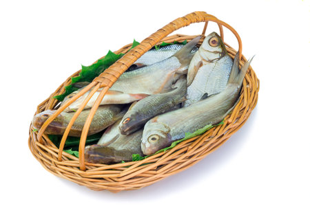 In a small wattled basket there is fish hooked in the river.It is presented on a white background.