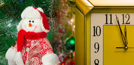 Snowman in a red cap and elegant clothes against the decorated Christmas fir-tree