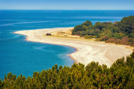 Beautiful landscape: blue sea, beach, shore with growing pine trees. The view from the top.の写真素材