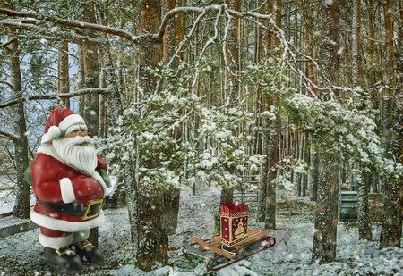 Winter Park among the snow-covered trees and Santa Claus with a gift bag . 3D rendering.の写真素材
