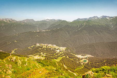 Mountain landscape with panoramic views of the ski complex Krasnaya Polyana, Sochi. Seen the cabins...