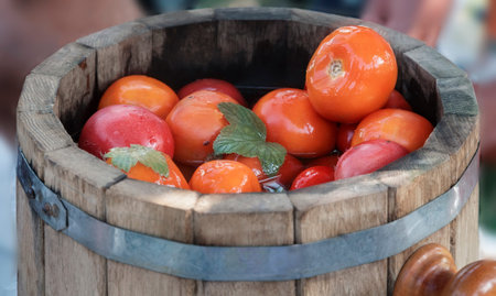 In large oak barrels delicious pickled tomatoes with spices: dill, currant leaf, cumin.