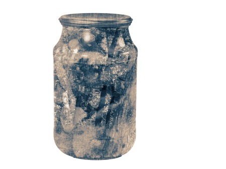 The double exposure effect: glass jar with mushrooms and the landscape. Presented on a white background.の写真素材