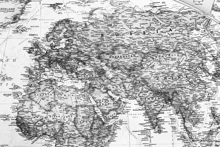 Part of a detailed world map, which depicts the continents, seas, oceans, names of countries, their capitals and major cities.の写真素材