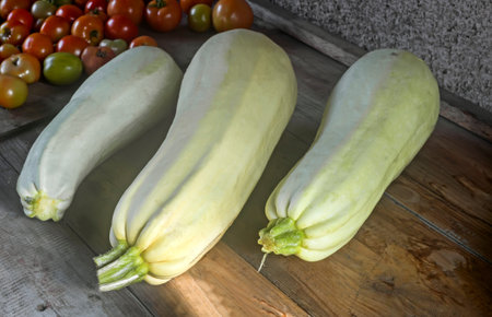 Zucchini and tomatoes on a wooden table.の写真素材