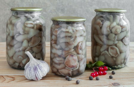 Home canning: pickled mushrooms in glass jars.の写真素材