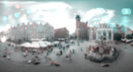 Blurred panorama of the city square and the street with walking people. Background image.
