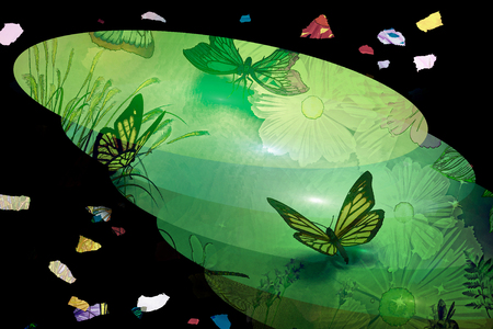 Abstract image of different air butterflies on the background of flowers and abstract linesの写真素材