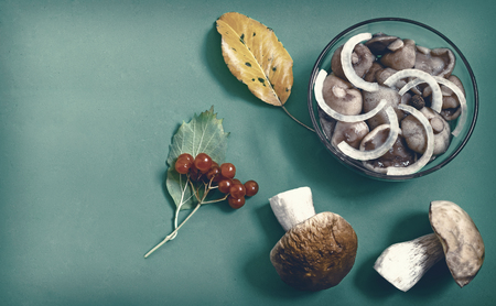 Marinated and fresh mushrooms on blue background.の写真素材