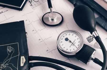 Medical devices: a stethoscope for auscultation of patients and apparatus for measuring of blood pressure.の写真素材