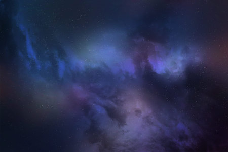 The Universe: the starry sky, a bright star, nebula and a planet surrounded by a glowing atmosphere.