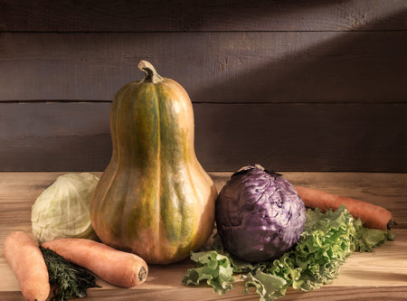 Vegetables on a wooden shelf in the basement