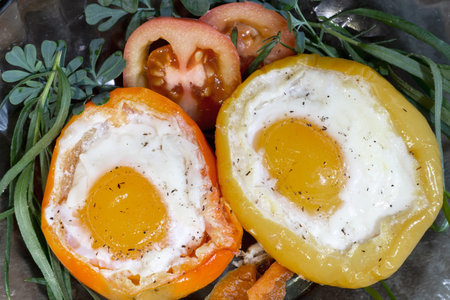 Baked bell pepper with egg inside the pepperの写真素材
