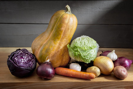 Vegetables on a wooden shelf in the basement