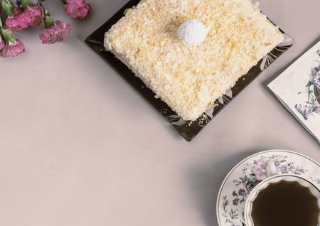 A decaf hot chicory drink and a cake.