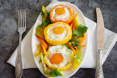 Baked bell pepper with egg inside the pepperの写真素材