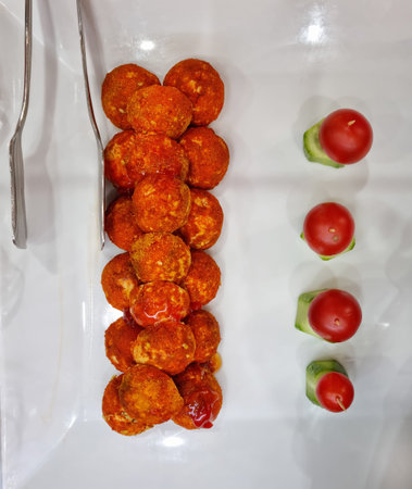 Fried meatballs with tomato and cucumber on a white plate