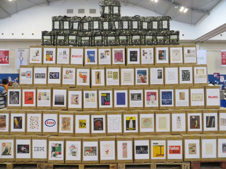 TANGERANG, INDONESIA - April 22, 2017: Stacks of design books for sale on books fair at ICE BSD City.のeditorial素材