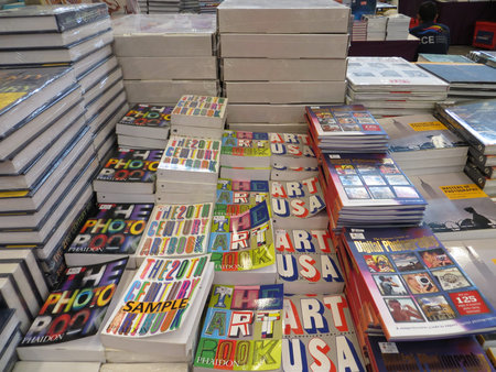 TANGERANG, INDONESIA - April 22, 2017: Stacks of photography books for sale on books fair at ICE BSD...