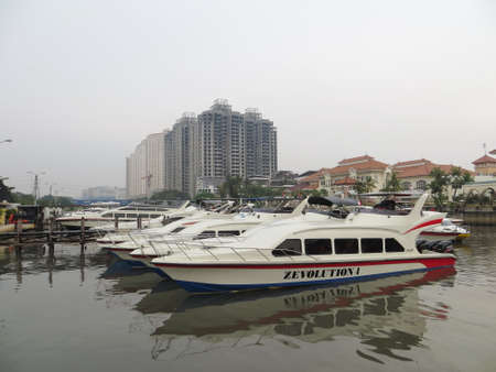 JAKARTA, INDONESIA - March 26, 2017: Speedboats docking at Ancol Marina.のeditorial素材