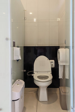 Tangerang, Indonesia - November 4, 2023 : Empty restroom for ladies at a mall.のeditorial素材