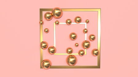 abstract composition of golden squares and spheres on a pink background 3d