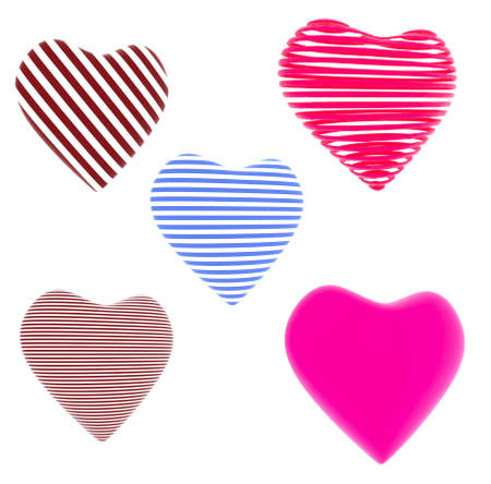 Lot of red, blue striped hearts isolated on white backgroundの写真素材