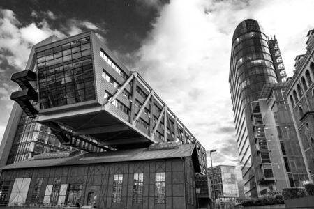 various modern high-rise buildings are located in DÃ¼sseldorf's MediaHafenのeditorial素材
