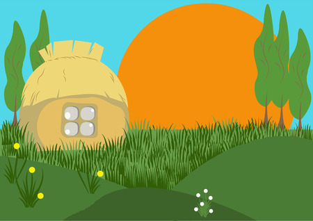 Village house in the background of green grass and the morning sunのイラスト素材