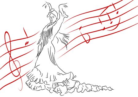 Woman dancing the Spanish dance in the background staveのイラスト素材