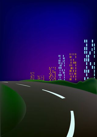 The night city, highways, tall buildings with windows and bright blue skyのイラスト素材