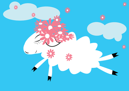 Sheep in the sky with a wreath of pink flowers on her headのイラスト素材